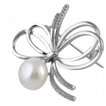 Broche de perla en plata  rodiada con circonitas blancas. - Regalanda