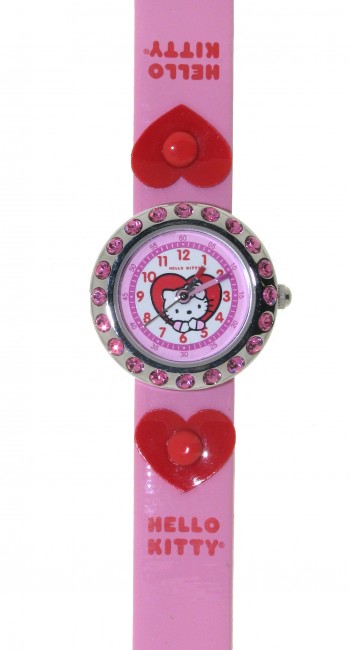 Reloj de HELLO KITTY estilo infantil con pulsera de caucho rosa con corazones. - Regalanda
