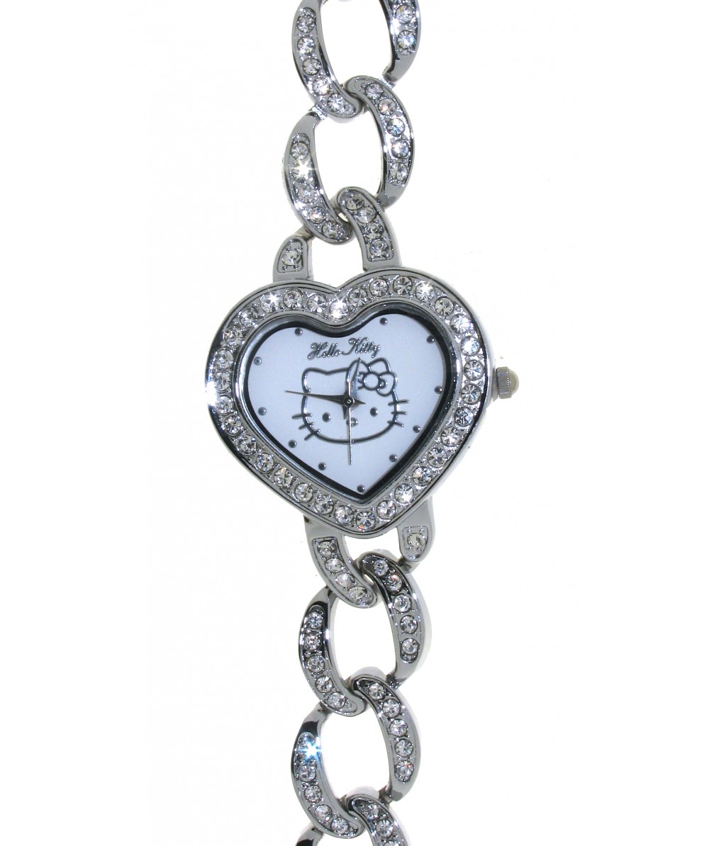 Reloj de HELLO KITTY estilo juvenil, pulsera de acero y circonitas blancas. Esfera forma corazón con - Regalanda