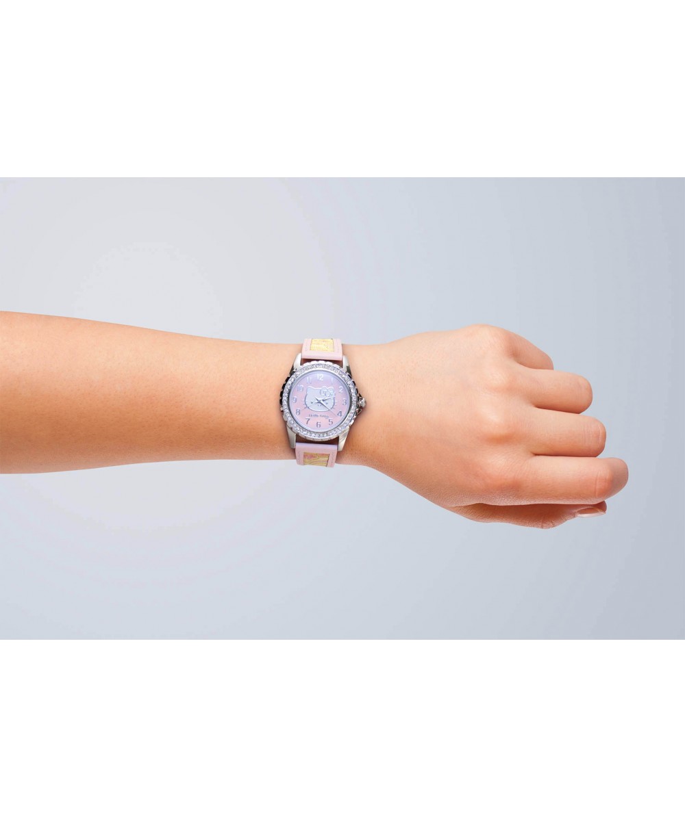 Reloj de HELLO KITTY estilo juvenil con pulsera de polipiel rosa combinada con bordados en dorado. - Regalanda