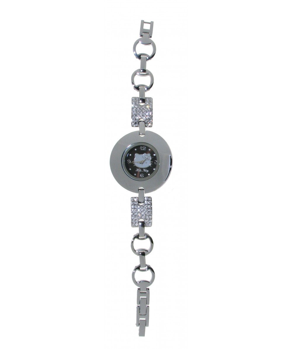 Reloj de HELLO KITTY estilo juvenil con pulsera de acero y circonitas blancas. Esfera en negro con c - Regalanda