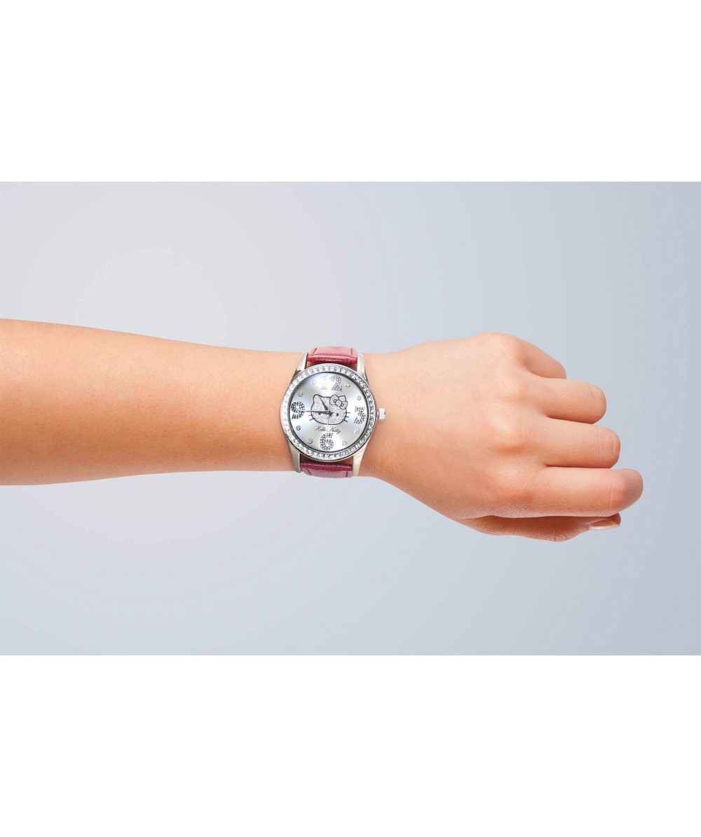 Reloj de HELLO KITTY estilo juvenil con pulsera de polipiel burdeos. Esfera plateada con circonitas - Regalanda