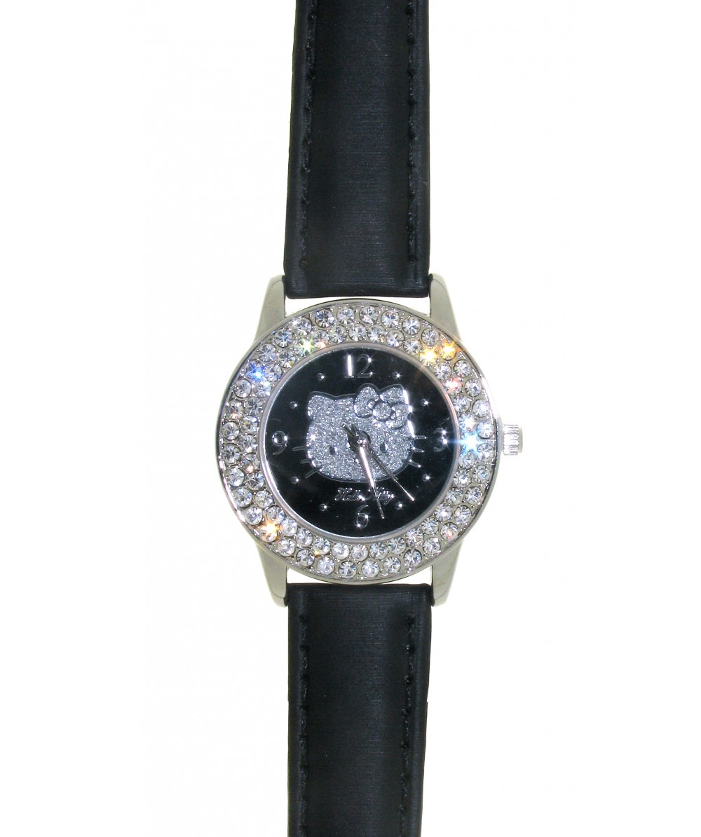 Reloj de HELLO KITTY estilo juvenil con pulsera de polipiel negra. Esfera negra con esmaltado en pla - Regalanda