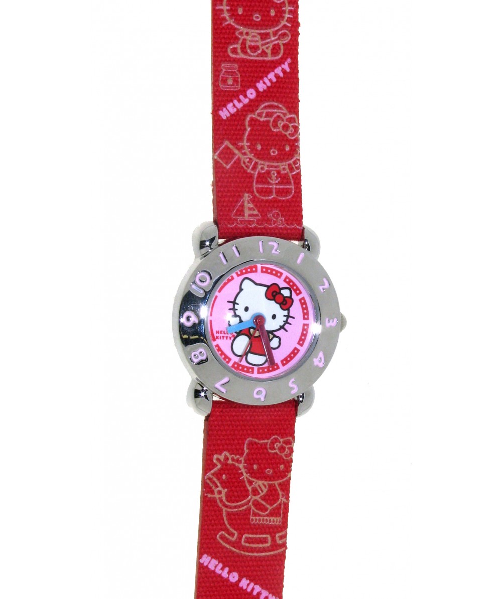 Reloj de HELLO KITTY estilo infantil con pulsera de tejido color rojo con motivos de Hello Kitty. - Regalanda