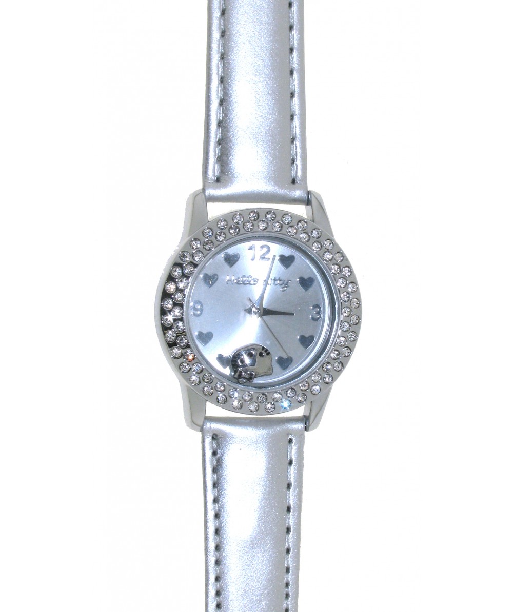 Reloj de HELLO KITTY estilo juvenil con pulsera de polipiel en plata. Esfera en plata con corazones - Regalanda