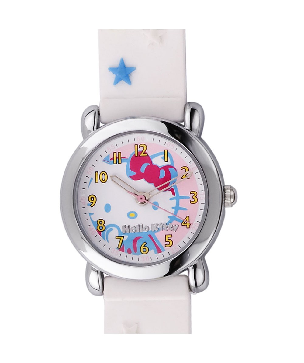 Reloj de HELLO KITTY de estilo infantil con pulsera de PVC color blanco con estrellas de colores. - Regalanda