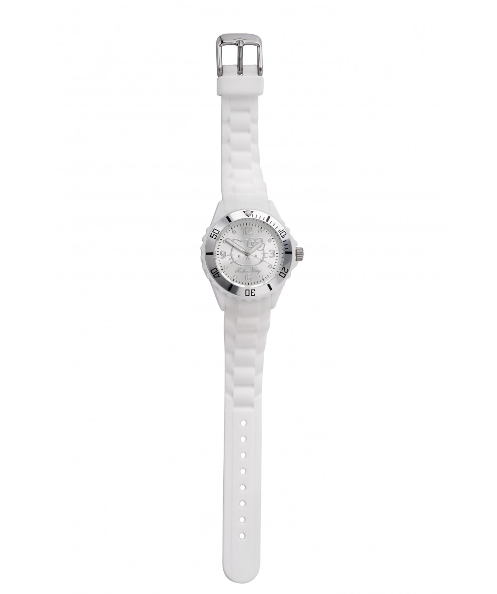 Reloj de HELLO KITTY de estilo juvenil con pulsera de silicona blanca. Esfera en plata. - Regalanda