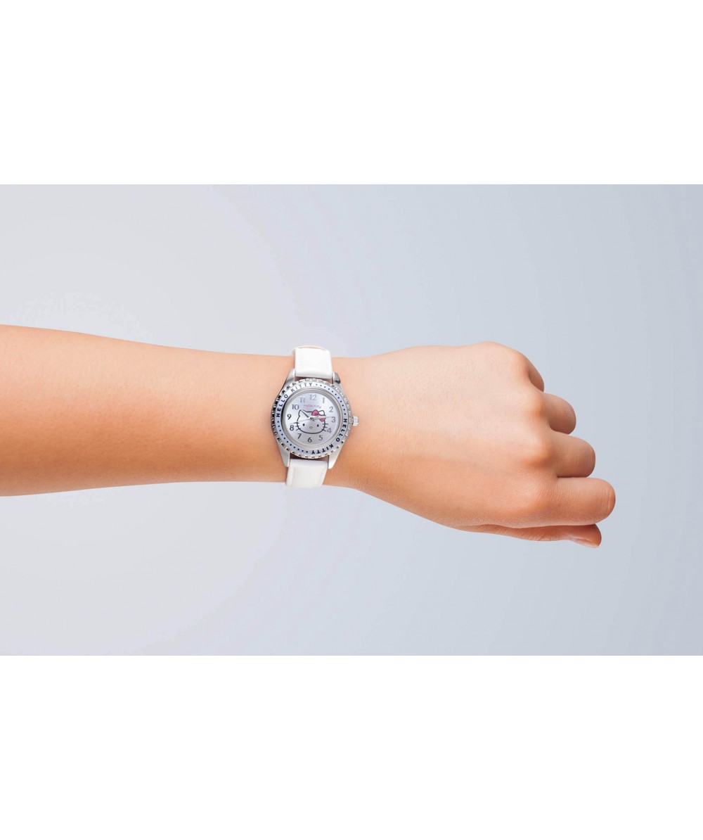 Reloj de HELLO KITTY de estilo juvenil con pulsera de polipiel blanca. Esfera en plata. - Regalanda